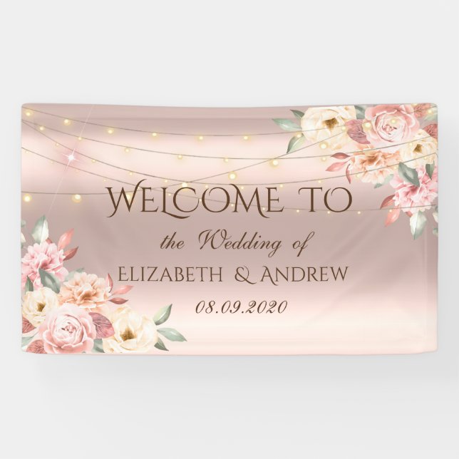 Rose Gold String Lights Roses Wedding Banner (Horizontal)
