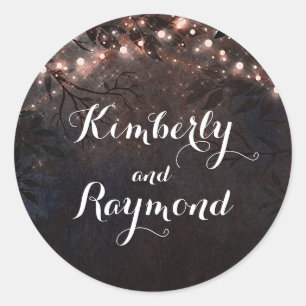Rose Gold String Lights Rustic Country Wedding Classic Round Sticker