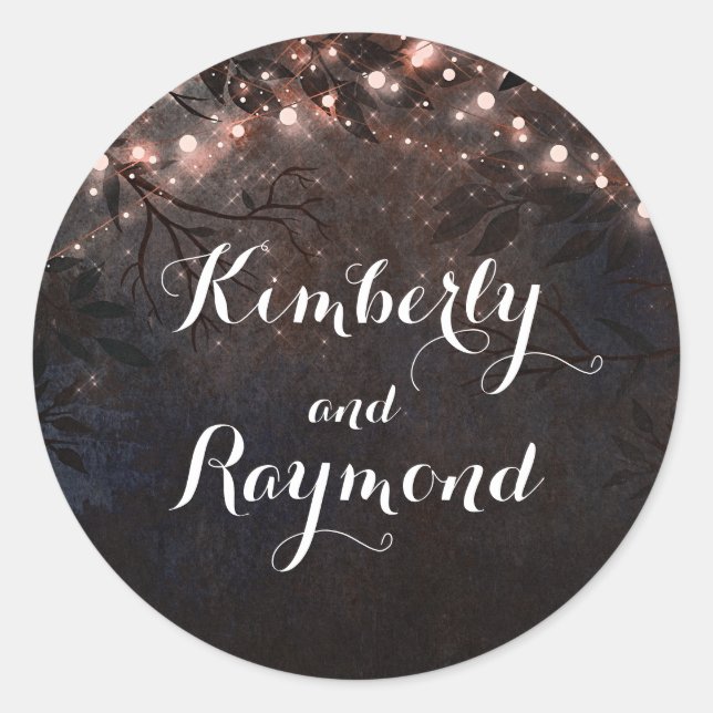 Rose Gold String Lights Rustic Country Wedding Classic Round Sticker (Front)