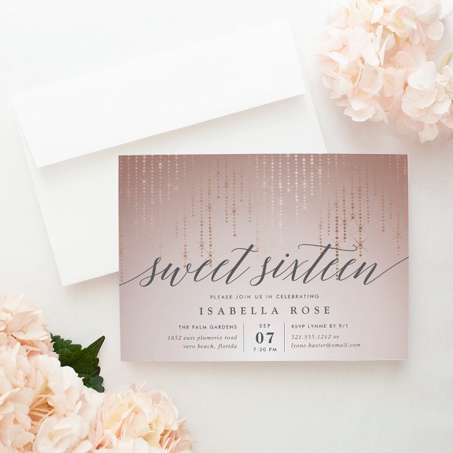 Rose Gold String Lights Sweet Sixteen Invitation (Creator Uploaded)
