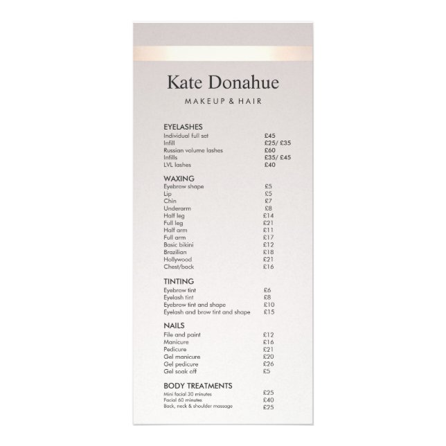 Rose Gold Stripe Taupe Salon Price List Menu (Front)