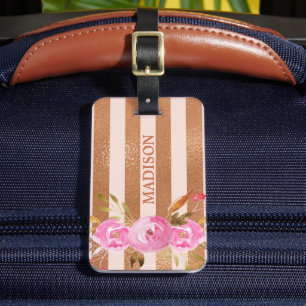 Rose Gold Striped Monogram Name Floral Luggage Tag
