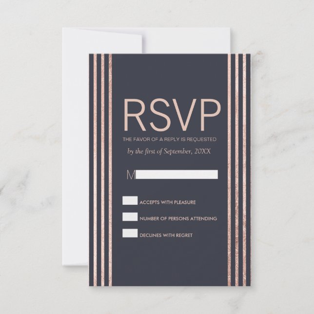 Rose Gold Stripes and Navy Blue RSVP Cards (Front)