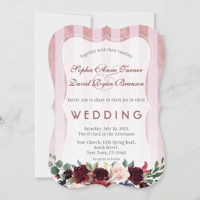 Rose Gold Stripes Burgundy Blush Flowers Wedding Invitation (Front)