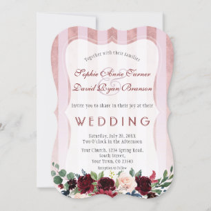 Rose Gold Stripes Burgundy Blush Flowers Wedding Invitation