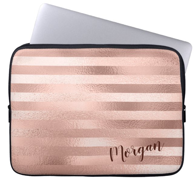 Rose Gold Stripes, Name or Monogram Laptop Sleeve (Front)