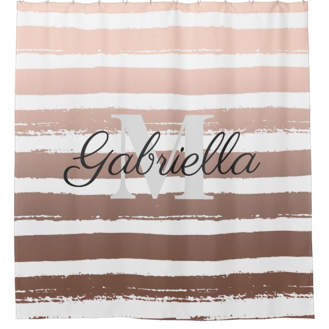 Rose Gold Stripes with Monogram Shower Curtain (Front)