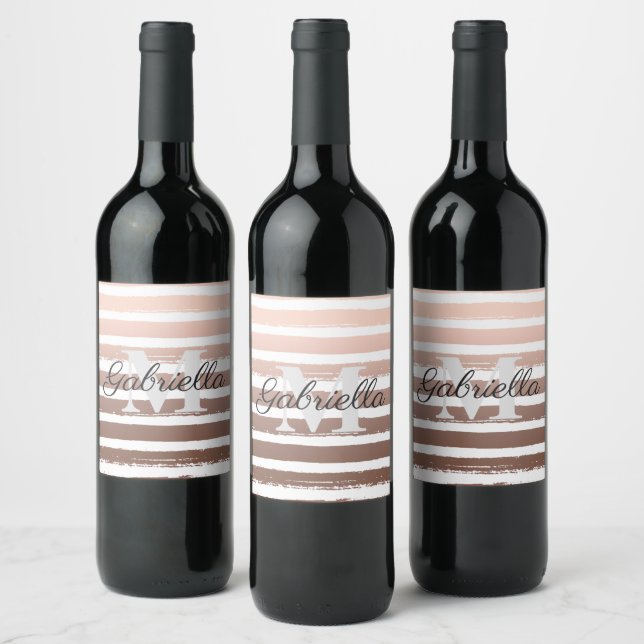 Rose Gold Stripes with Monogram Wine Label (Bottles)
