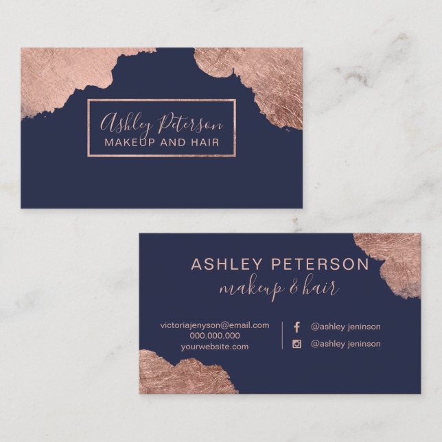 Rose gold strokes blue hair makeup typography business card (Front/Back)
