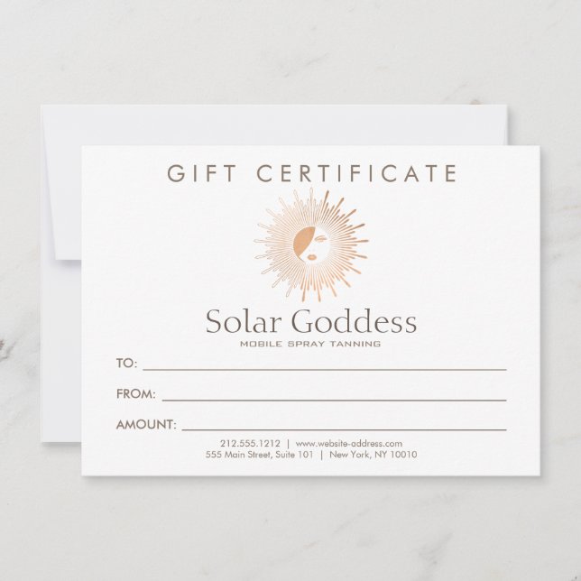 Rose Gold Sun Goddess Girl Spray Tanning Gift Card (Front)