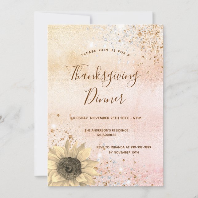 Rose gold sunflower Thanksgiving Dinner Invitation (Front)