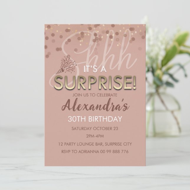 Rose Gold Surprise Birthday Women 60th, 70th, 80th Invitation (Standing Front)