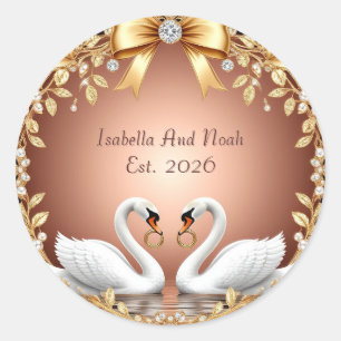 Rose Gold Swan Couple Wedding Celebration Classic Round Sticker