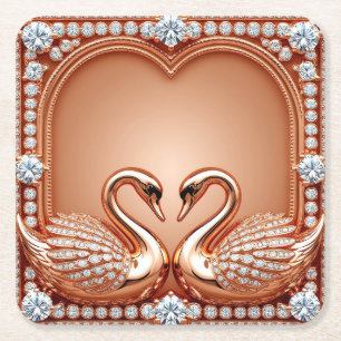 Rose Gold Swans Diamond Heart Ornate Romantic Love Square Paper Coaster
