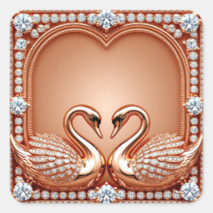 Rose Gold Swans Diamond Heart Ornate Romantic Love Square Sticker