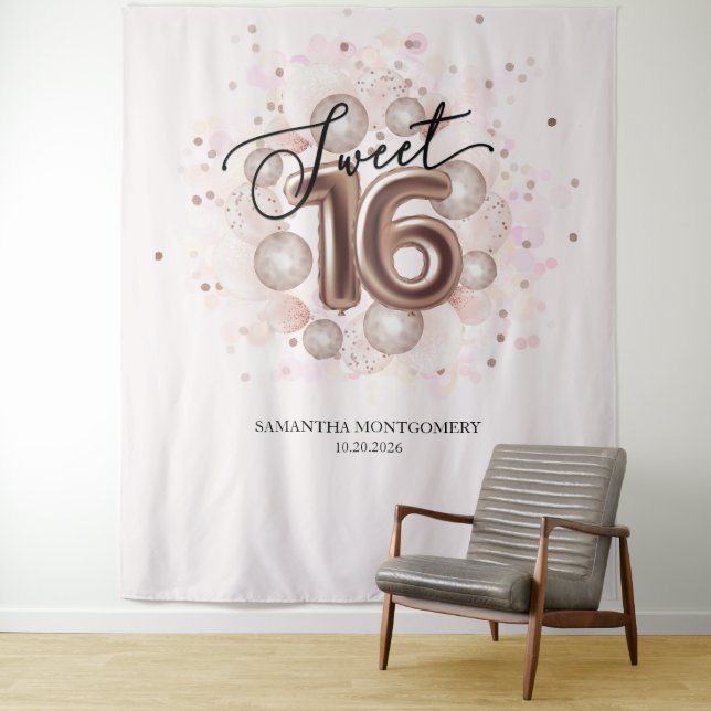 Rose Gold Sweet 16 Bday Balloons Pink Backdrop Tapestry (In Situ)