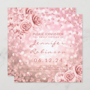 Rose Gold Sweet 16 Birthday Glitter Lights Floral Invitation