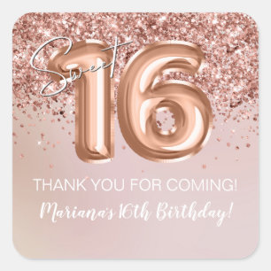 Rose Gold Sweet 16 Birthday Party Favour Square Sticker