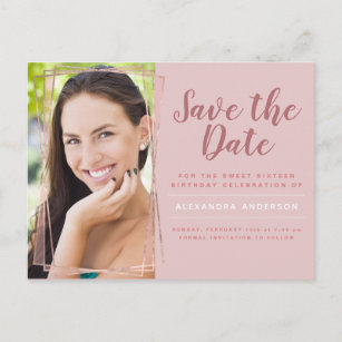 Rose Gold Sweet 16 Birthday Save the Date Postcard