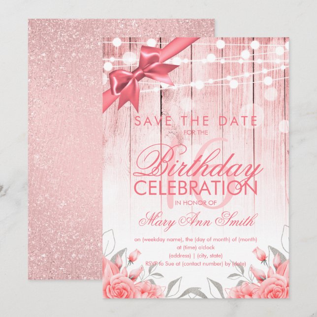 Rose Gold Sweet 16 Elegant Flowers & Glitter Invitation (Front/Back)