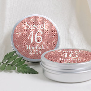 Rose Gold Sweet 16 Girl Birthday Favours Tin Box Classic Round Sticker