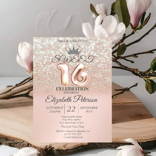 Rose Gold Sweet 16 Glitter Bokeh Ombre, Tiara Invitation