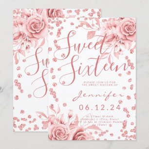 Rose Gold Sweet 16 Glitter Confetti Floral Invitation