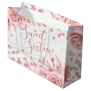 Rose Gold Sweet 16 Glitter Confetti Floral Large Gift Bag