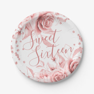 Rose Gold Sweet 16 Glitter Confetti Floral Paper Plate