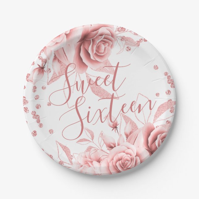 Rose Gold Sweet 16 Glitter Confetti Floral Paper Plate (Front)