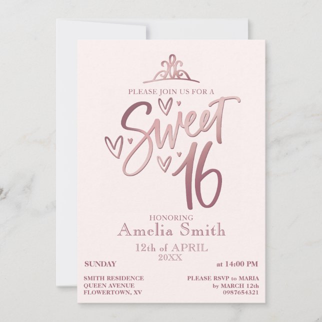 Rose Gold Sweet 16 Invitation Template (Front)