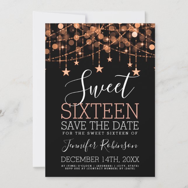 Rose Gold Sweet 16 Sparkly String Lights Save Date Save The Date (Front)