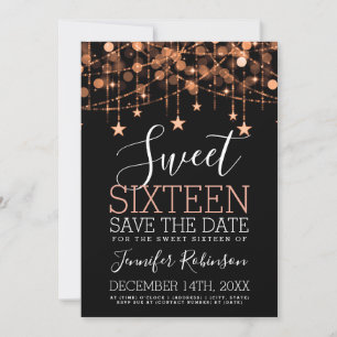 Rose Gold Sweet 16 Sparkly String Lights Save Date Save The Date