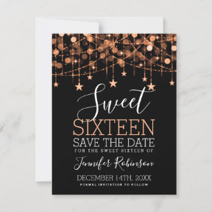 Rose Gold Sweet 16 Sparkly String Lights Save Date Save The Date