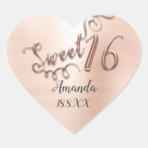 Rose Gold Sweet 16th Delciate Heart Name Date Sticker