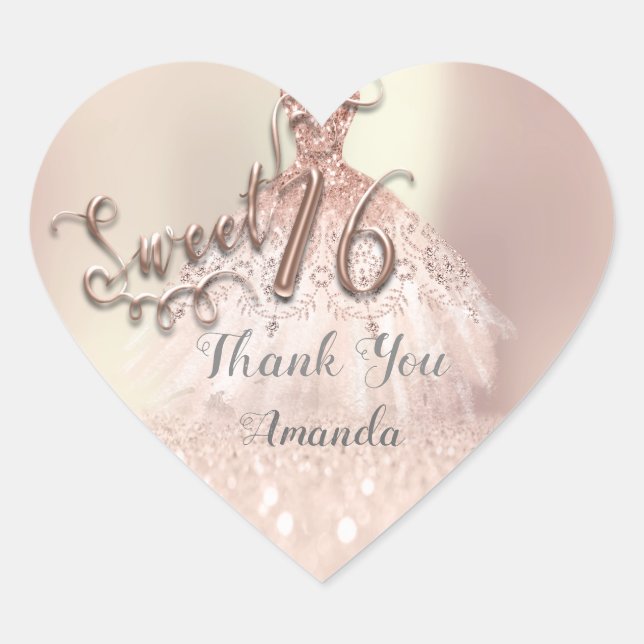 Rose Gold Sweet 16th Princess Heart Thank Dress Sticker (Front)