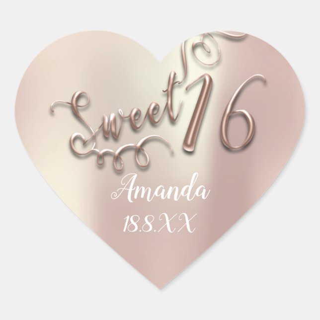 Rose Gold Sweet 16th Script Heart Name Date Sticker (Front)