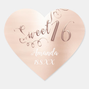 Rose Gold Sweet 16th White Heart Name Date Sticker