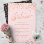 Rose Gold Sweet Sixteen Party Invitation Faux Foil<br><div class="desc">Rose Gold Sweet 16 Birthday Party Invitations: Pretty rose gold confetti 16th birthday party invitation design featuring bright rose gold foil look confetti polka dots. Rose gold "Sixteen" written in hand-lettering script typography. Contemporary lettering fills out the party details. [Note that while elements of this design will print to look...</div>