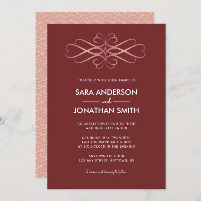 Rose Gold Swirls | Burgundy Wedding Invitation (Front/Back)