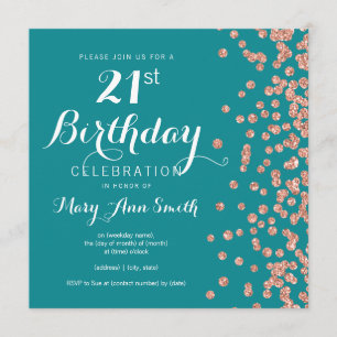 Rose Gold Teal 21st Birthday Glitter Confetti Invitation