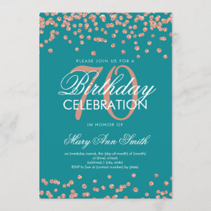 Rose Gold Teal 70th Birthday Glitter Confetti Invitation