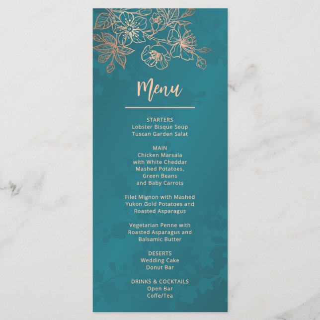 Rose Gold Teal Floral Line Art Wedding Menu (Front)
