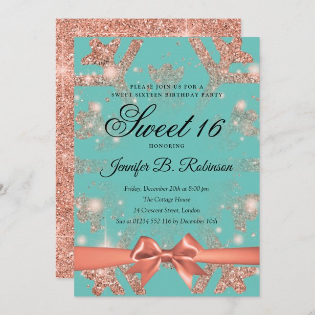Rose Gold Teal Glitter & Ribbon Winter Sweet 16 Invitation (Front/Back)