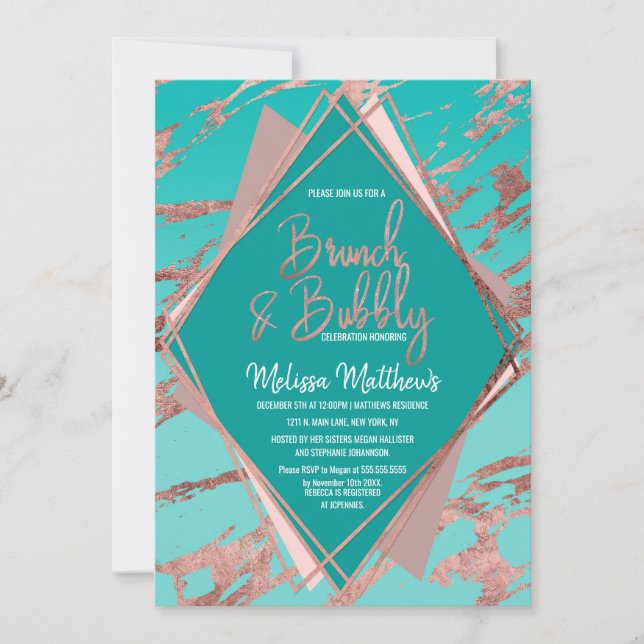 Rose Gold Teal Green Marble Brunch Bubbly Invitation (Front)
