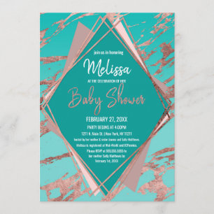 Rose Gold Teal Green Marble Diamond Baby Shower Invitation