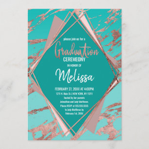 Rose Gold Teal Green Marble Diamond Graduation Invitation