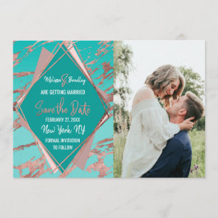 Rose Gold Teal Green Marble Diamond Save Date Invitation