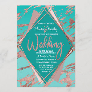 Rose Gold Teal Green Marble Diamond Wedding Invitation
