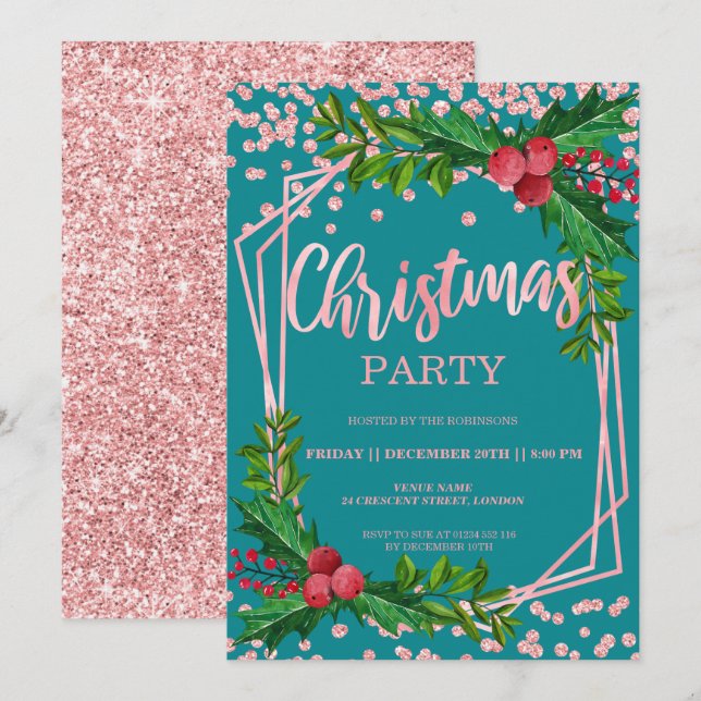 Rose Gold Teal Holly Glitter Confetti Christmas Invitation (Front/Back)